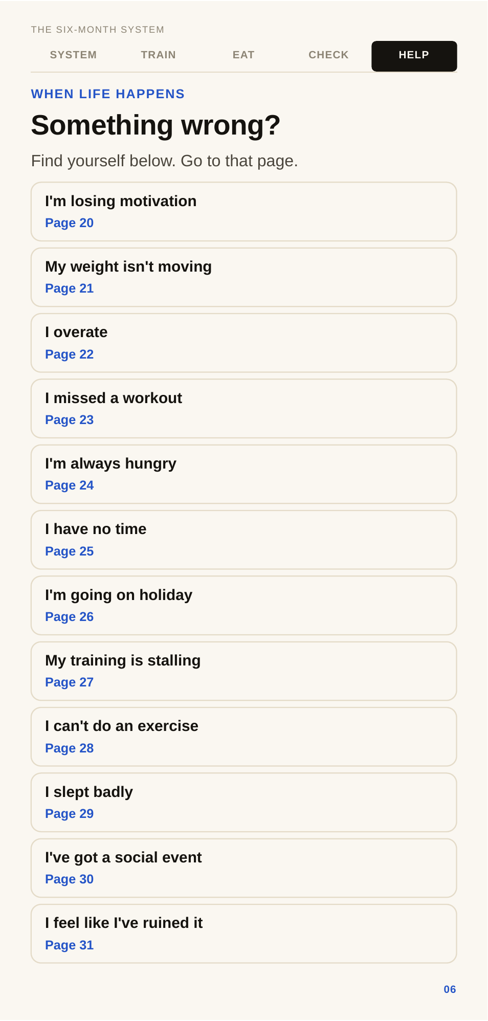 The REWORK Problem Hub — choose what has gone wrong (motivation drops, weight stalls, you overeat, miss a workout, run out of time, go on holiday) and get the next move.