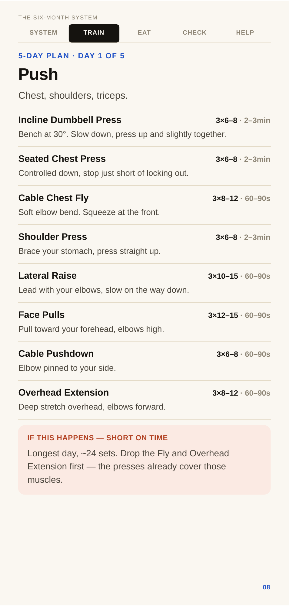 A REWORK training session: Push day — exercises, sets, rep ranges, rest periods and a short-on-time adjustment.